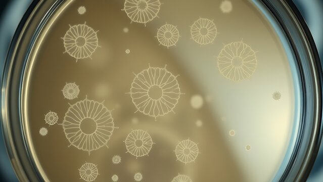 Top-down view of organic amoeba-like patterns in a soft-focus petri dish.