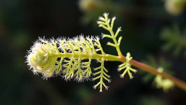 Close-up of a Mimosa pudica plant with leaves folding closed.