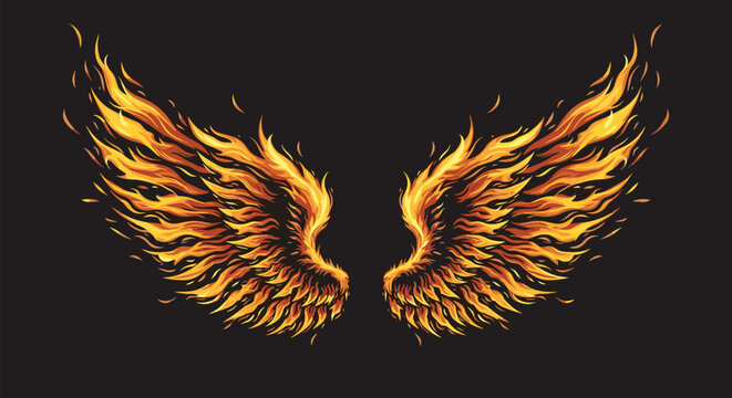 Stylized flaming wings spreading across a dark background create a powerful and energetic visual element for fantasy designs.