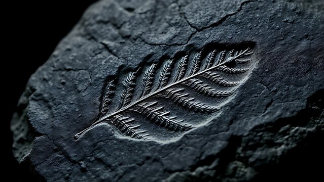 Close-up of a dark grey shale rock with a clear fossil fern leaf imprint.