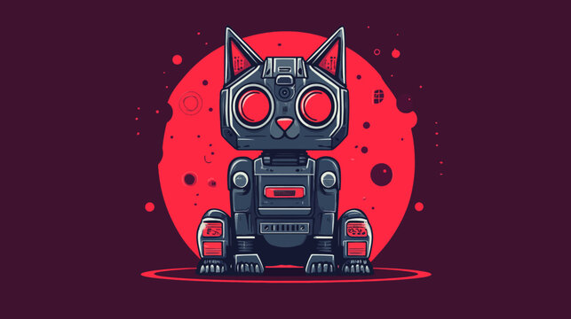 Cybernetic cat robot with glowing red eyes sitting before a red moon