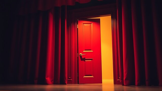 A vintage red theater door slightly ajar with motion blur under a warm spotlight.