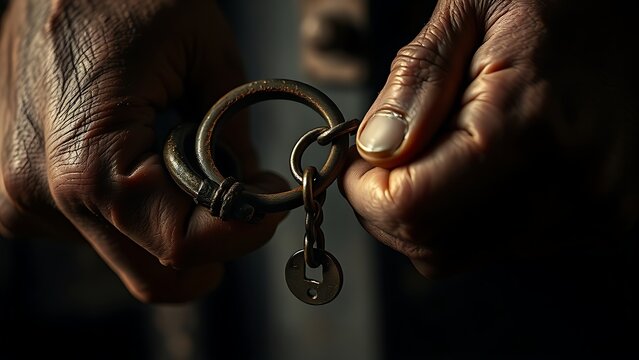 Weathered wrists with a manacle being unlocked.
