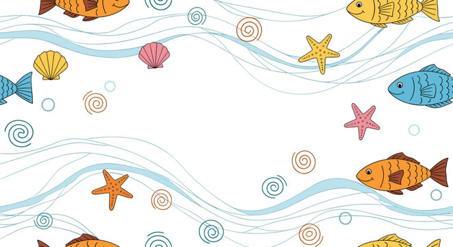Whimsical underwater pattern displays colorful fish, starfish, and sea shells dancing among gentle blue waves on a white background.