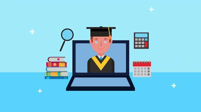 Online education concept with student in graduation cap on laptop screen motion graphics animation.