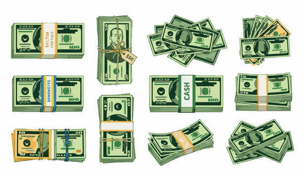 Different cash bundle stacks and dollar banknotes flat vector collection isolated on white