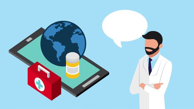 Online medical consultation animation with male doctor and healthcare icons on isometric smartphone.