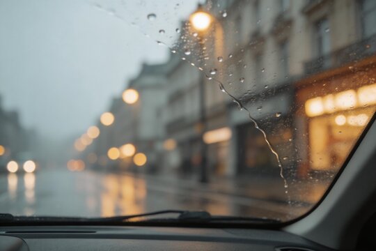 Rainy street view from car window