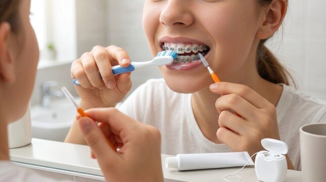 Close up of a young woman cleaning her dental braces using an interdental brush and toothbrush in front of a mirror.