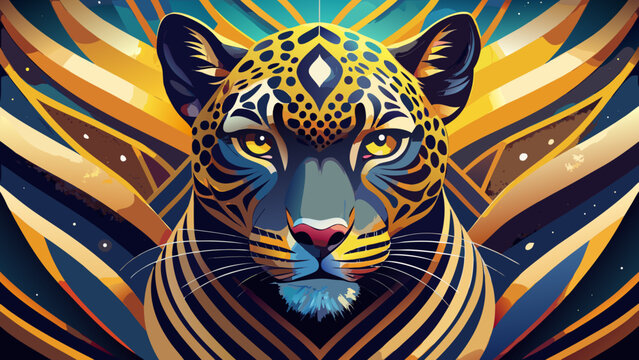 Vibrant, abstract leopard head, colorful animal illustration, golden yellow and blue, artistic wildlife portrait