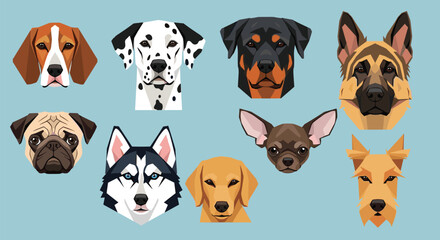 Obraz premium Collection of stylized geometric dog portraits representing various breeds such as dalmatian, husky, pug, and german shepherd on blue.