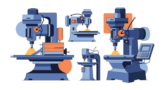 Industrial workshop equipment set featuring blue heavy duty machinery and drill presses for manufacturing and engineering processes.