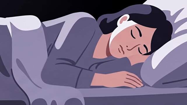 Stylized illustration of a woman sleeping peacefully in bed under covers at night