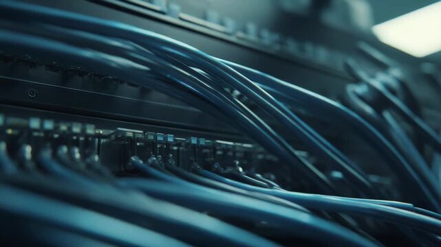 Server cables connecting into ports on a network switch, illustrating data flow, high speed communication, and the complex infrastructure of modern computing and internet systems