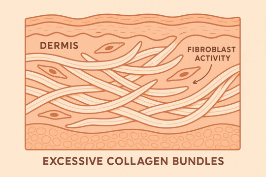 Microscopic skin cross section showing dermis layer with excessive collagen bundles accumulating. Labeled fibroblast activity concept for medical or dermatology study