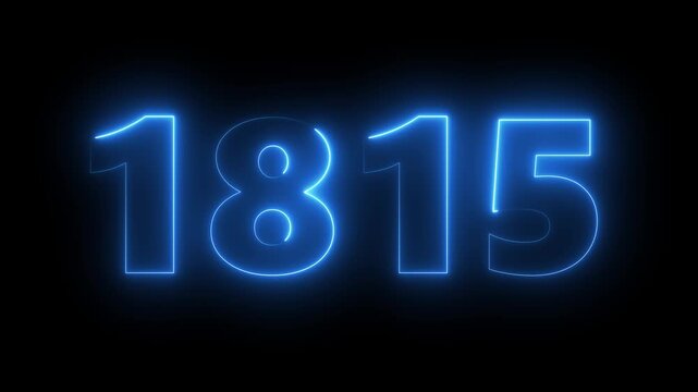 Glowing neon blue number 1815 isolated on black background, digital countdown timer animation