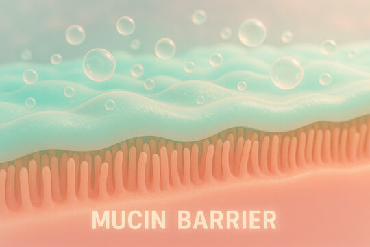 Gentle protective mucin barrier microscopic cross section illustration showing healthy respiratory tract airway defense with calming dreamy pastel aqua mucus layer