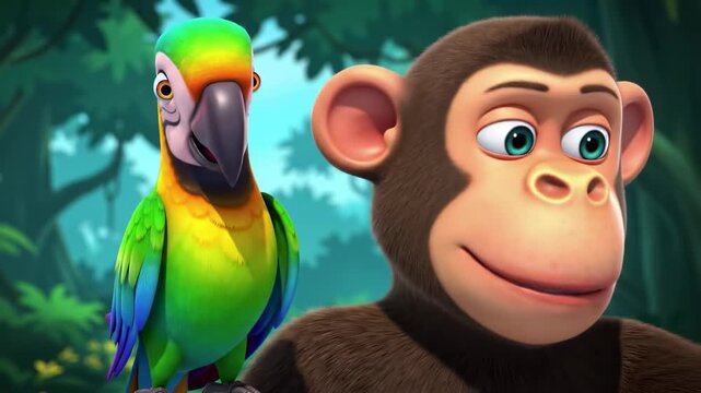 Animated parrot and monkey smiling in a colorful jungle setting