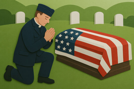 Solemn military chaplain praying for fallen soldier at cemetery on Memorial Day. man kneels in grief before coffin draped with an american flag