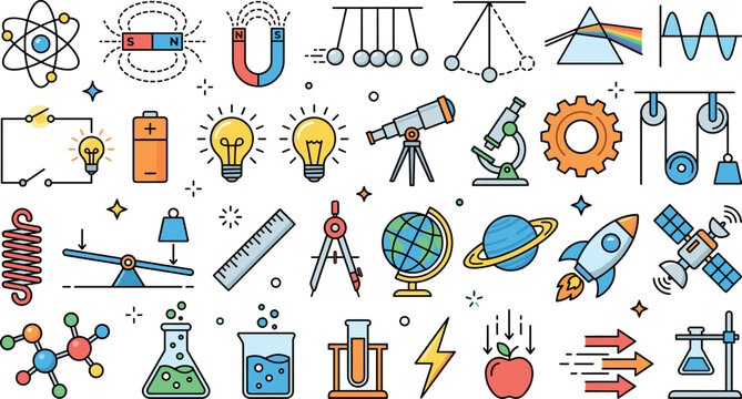 Physics Science Icon Set with Atom Magnet Light Bulb Telescope Microscope Rocket and Laboratory Experiment Symbols