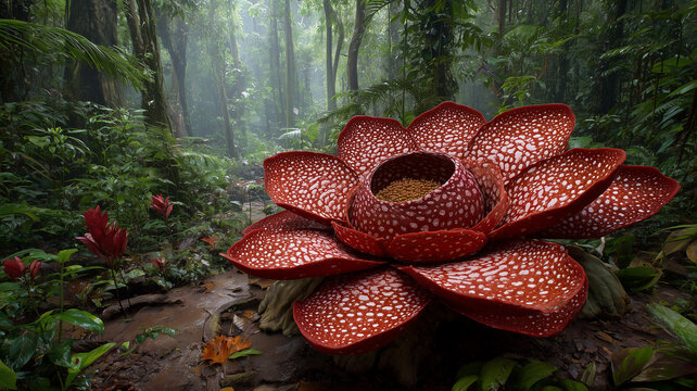 The giant rafflesia arnoldii flower blooms during the rain