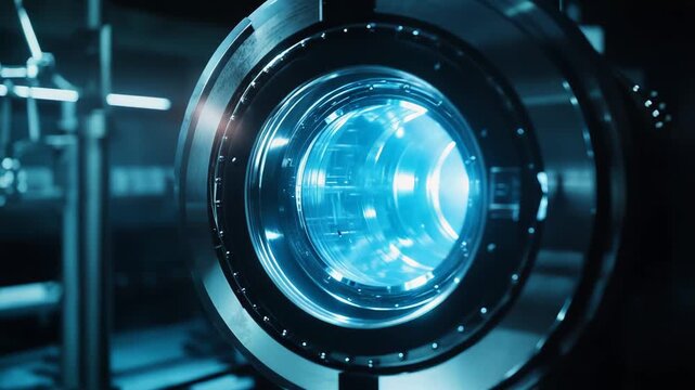 Fusion reactor core glowing with blue energy, highlighting advanced technology and scientific research for sustainable alternative power sources in a futuristic laboratory
