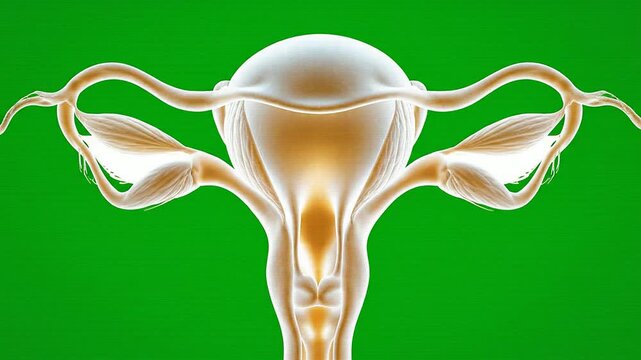Detailed Illustration Of Female Reproductive System Including Uterus And Ovaries Isolated On A Vibrant Green Background Suitable For Medical And Educational Use