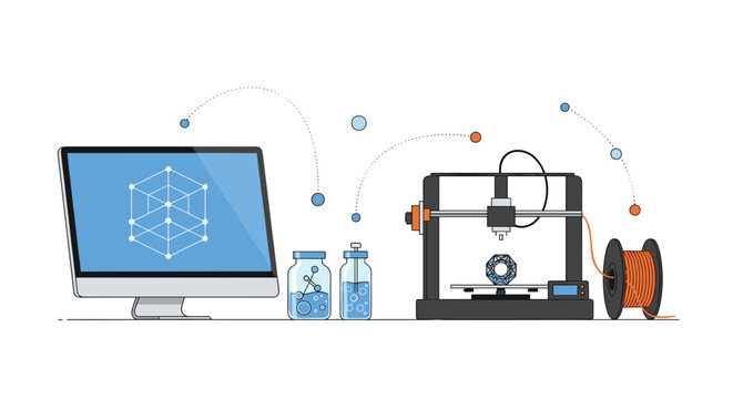 Industrial design concept showing a computer connected to a three dimensional printer for additive manufacturing and rapid prototyping.