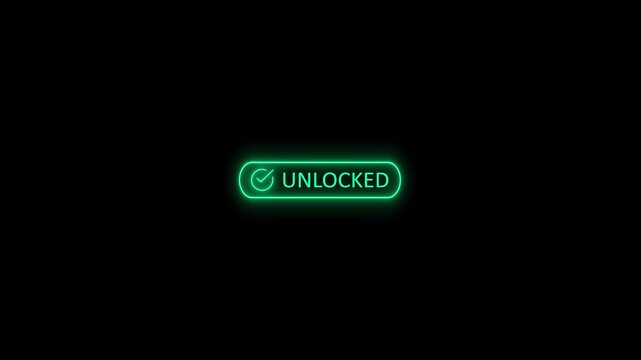 Glowing green neon unlocked button with checkmark icon on black background signifying successful access, cybersecurity authorization, and digital security completion.