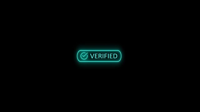 Neon glowing verified badge with a checkmark icon. Luminous cyan blue verification symbol on a black background, perfect for social media authentication, digital security, trust concepts