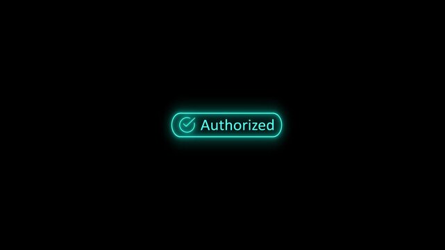 Glowing cyan neon authorized button with checkmark icon on black background representing cybersecurity access granted and digital verification