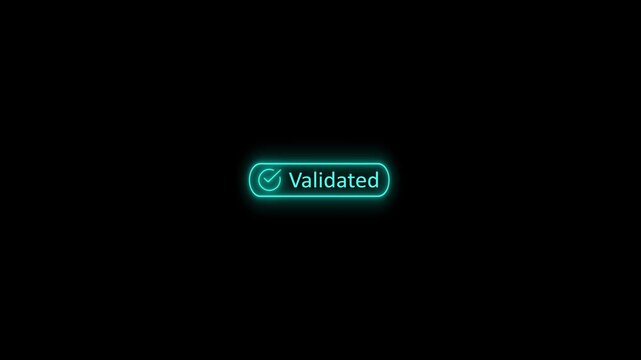 Futuristic glowing cyan neon Validated UI button with checkmark icon. Holographic HUD element showing successful authentication approval verification or security clearance on isolated black background