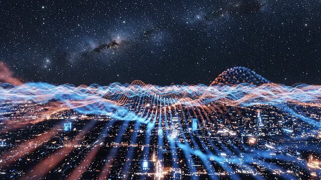 Cityscape with digital wave patterns highlighting artificial intelligence and digital evolution