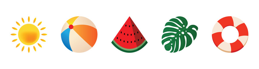 Fototapeta premium Summer element collection. Simple summer sticker set containing sun, beach ball, watermelon, tropical leaf, lifebuoy symbol. PNG and vector with transparent background