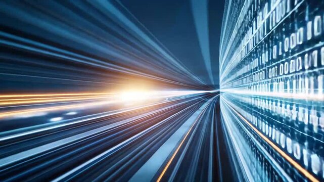 Fast moving abstract tunnel with glowing light trails and binary code, symbolizing rapid data processing, global communication, and efficient technological connections