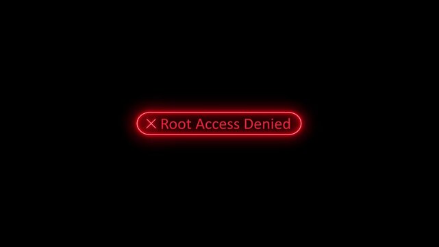Red Neon Root Access Denied Notification Message on Black Background for Cyber Security Hacking System Error and User Interface Design