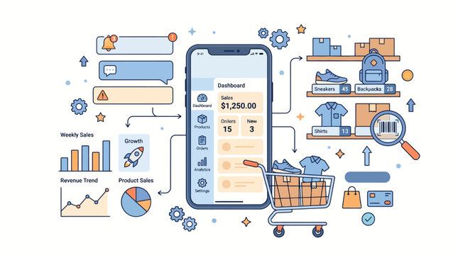 Dynamic E-commerce Mobile Application Dashboard for Online Business Management and Sales Analytics, Illustrating Growth, Shopping, and Digital Transaction Processes