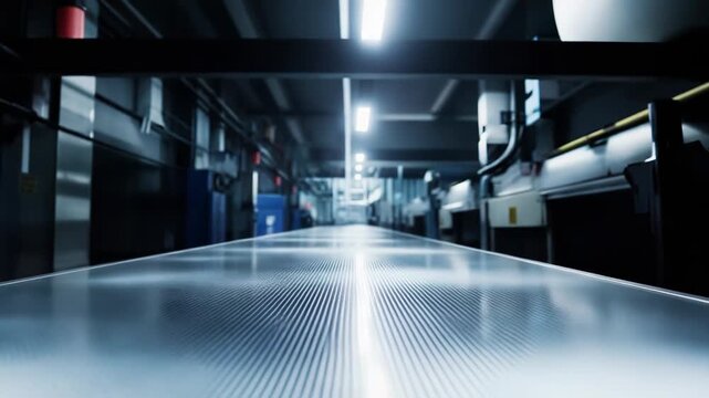 Close up view of an empty industrial conveyor belt with a textured surface, ready for materials in a modern automated factory environment, symbolizing efficiency and progress