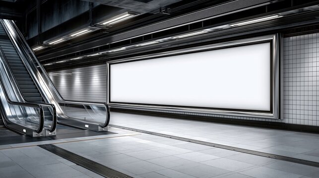 Blank billboard in modern subway station with escalator, perfect for advertising and marketing mockups