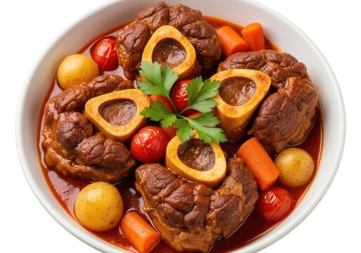 Hearty beef osso buco stew with vegetables isolated on white background