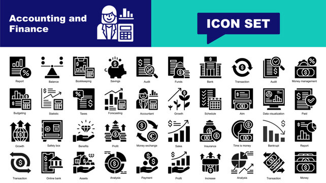 Accounting and Finance icon set. Vector icons for Bookkeeping, calculate, accounting, calculator, budgeting, estimates , Savings, save, money, piggy, finance, bank