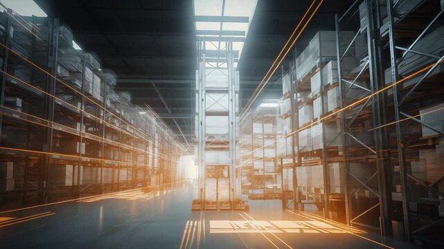 Modern warehouse interior featuring tall metal racks stocked with numerous boxes and digital light lines illustrating efficient data flow and advanced logistics technology