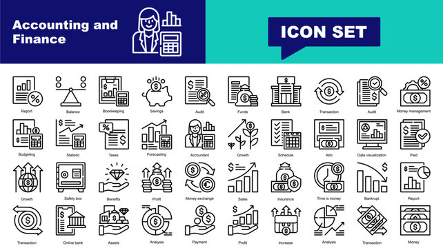 Accounting and Finance icon set. Vector icons for Bookkeeping, calculate, accounting, calculator, budgeting, estimates , Savings, save, money, piggy, finance, bank
