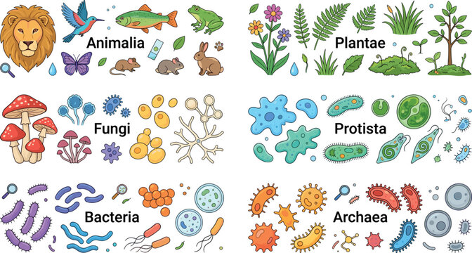 Six Kingdoms Biology Classification Set with Animalia Plantae Fungi Protista Bacteria and Archaea Organisms for Science Education