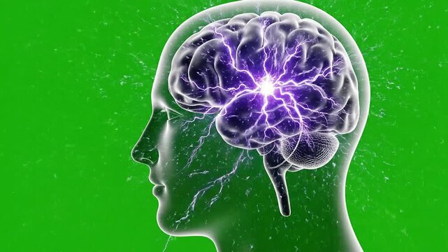 Digital Illustration of a Glowing Brain in a Human Head Silhouette Emitting Electric Sparks Against Green Background for Neurological Conceptual Visualization