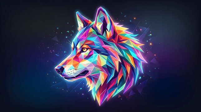 Geometric wolf head illustration, vibrant low poly animal portrait, colorful neon predator profile, artistic digital wildlife art for gaming and apparel