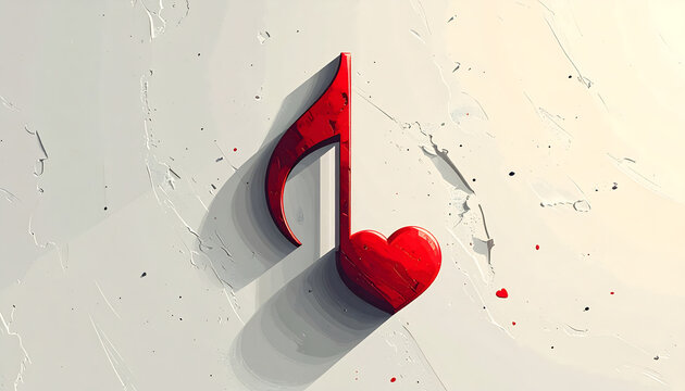 Eighth note with red heart shaped head in minimalist illustration on white background blending music and theme of love generative AI