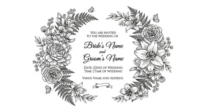Elegant floral wreath with wedding details in the center.