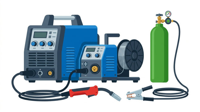 Flat lay composition showcasing welding equipment including a mask, gas cylinder, torch, power source, gloves, clamp, and wire spool against a clean white background
