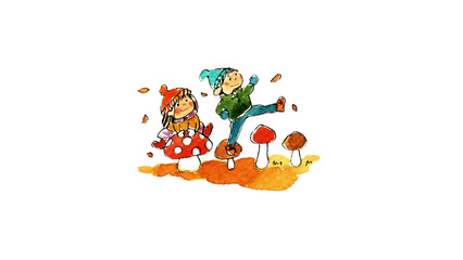 秋の森でキノコと遊ぶ子供たちの水彩イラスト
Watercolor illustration of children playing with mushrooms in the autumn forest